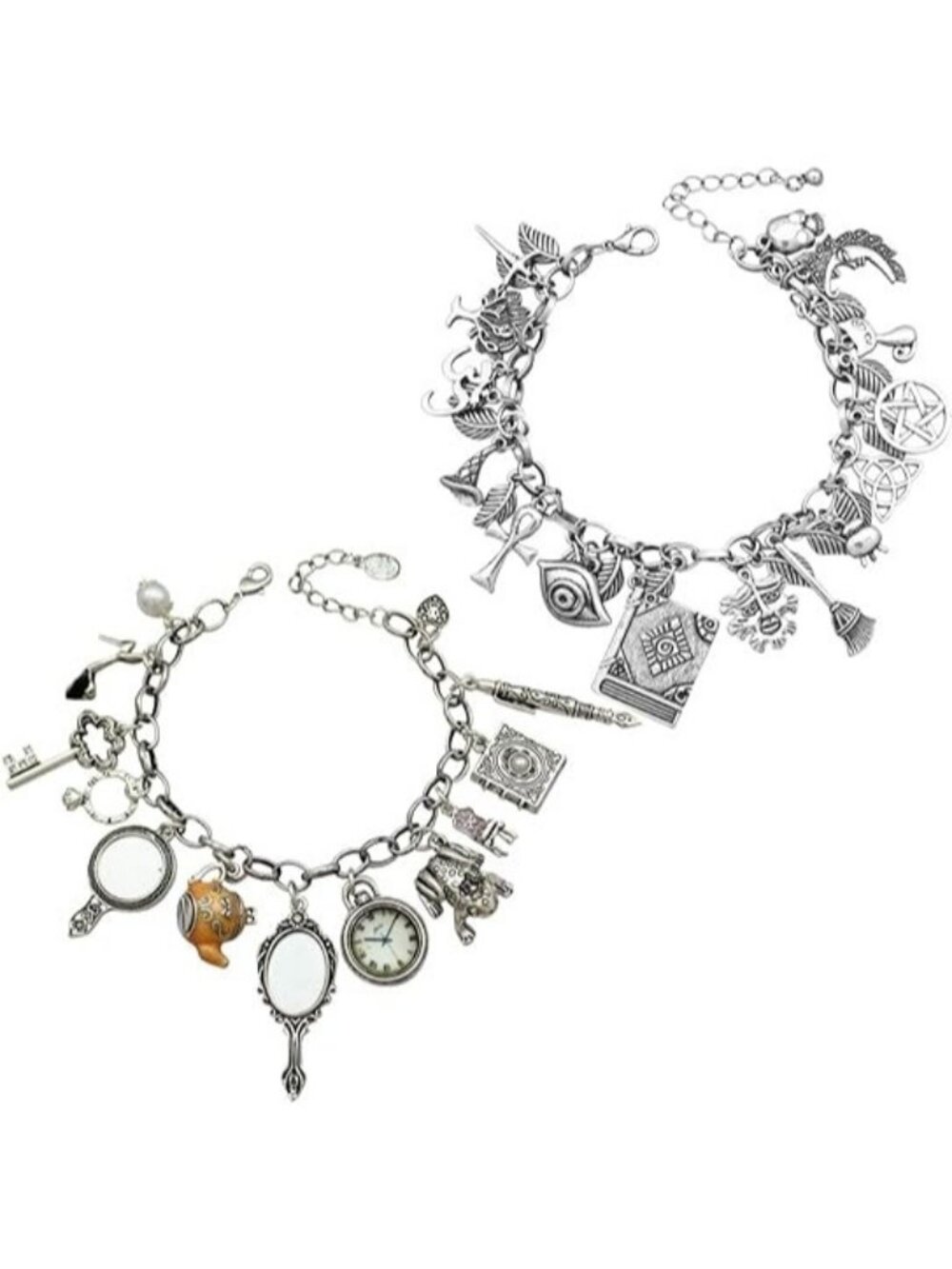Vintage Silver 2pcs Fairy Tale Movie Lucky Myth Charms Cuff Bangle Bracelet